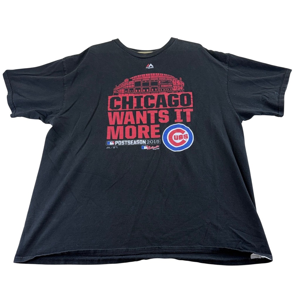 Majestic T Shirt Mens 2XL Black Chicago Cubs 2015 Postseason Graphic Tee MLB